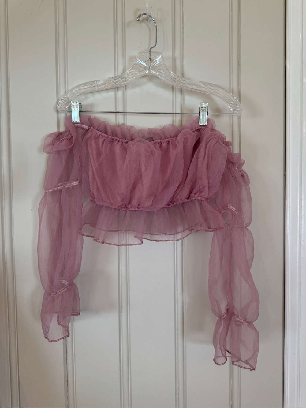 Nasty Gal Sheer Mauve Off-Shoulder Ruffle Crop Top Balletcore coquette girl